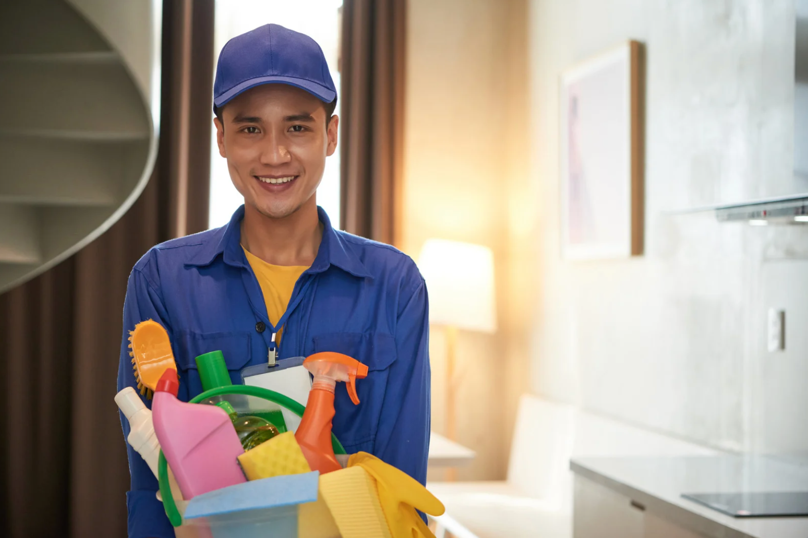 a man in a blue uniform holding a bucket of cleaning supplies