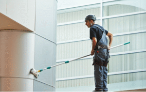 a man wearing a helmet and holding a mop