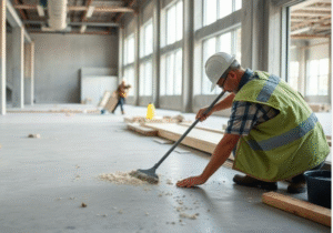 a man in a hard hat sweeping the floor