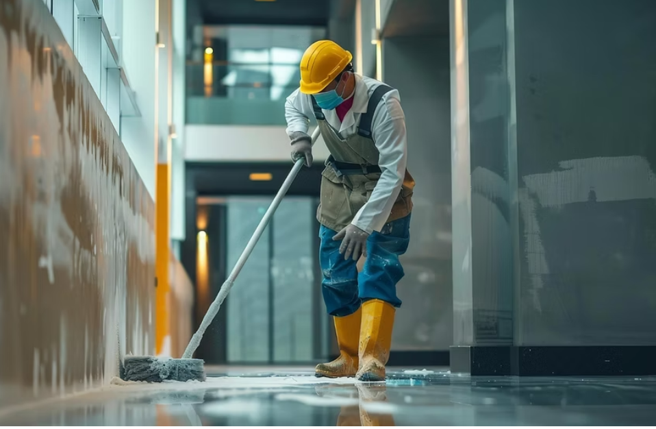 a man wearing a helmet and yellow boots sweeping the floor