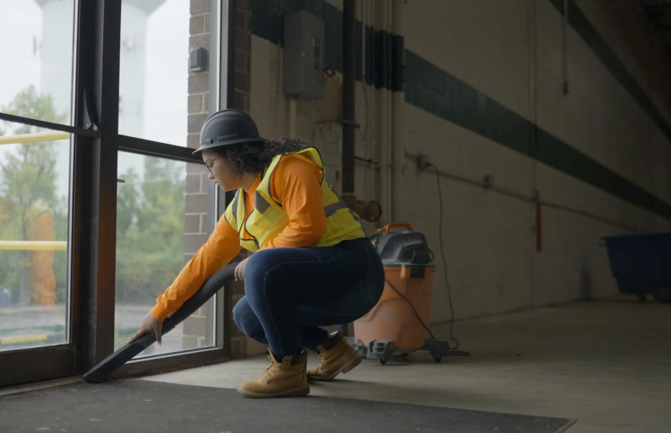 a woman wearing a hard hat and yellow vest cleaning a window
