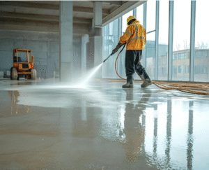 a man wearing a yellow jacket and hard hat spraying water on a floor