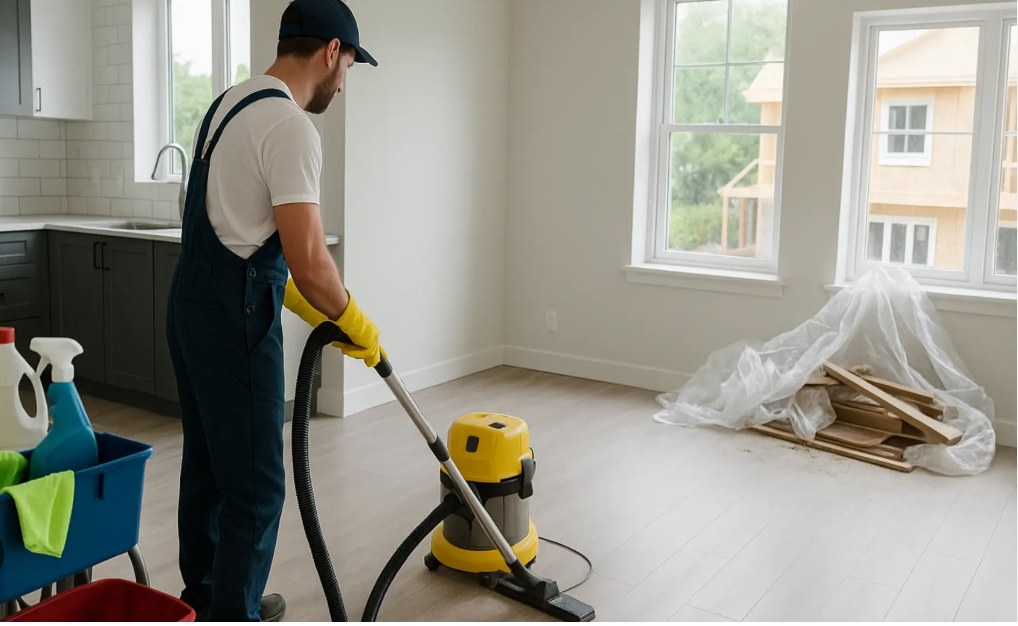 a man vacuuming a room